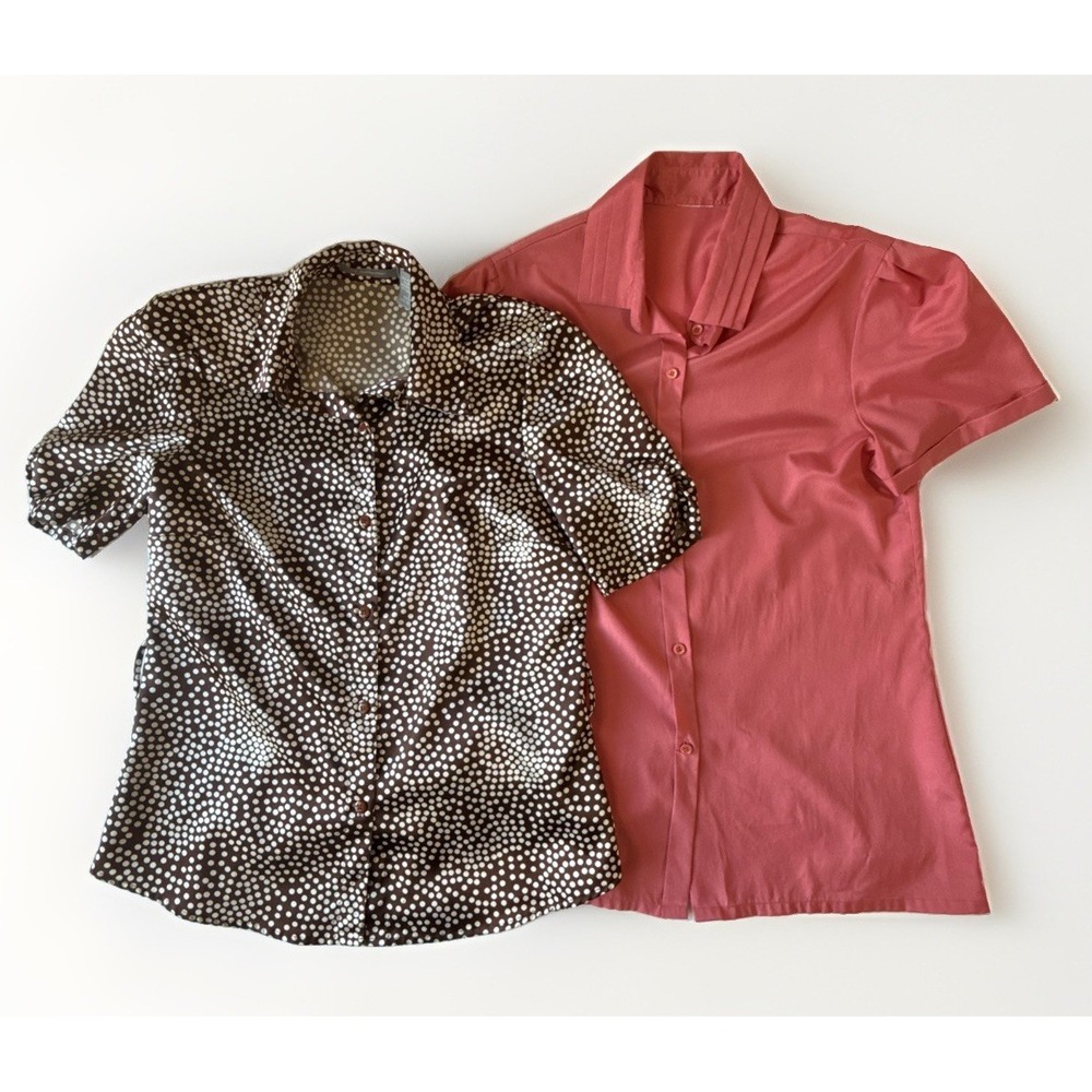 NY Collection Lot 2 Short Sleeve Blouse Tops Polka Dot Coral Pink Small